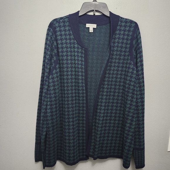 Susan graver women's open cardigan sweater size XL green and blue hounds… - Picture 1 of 7